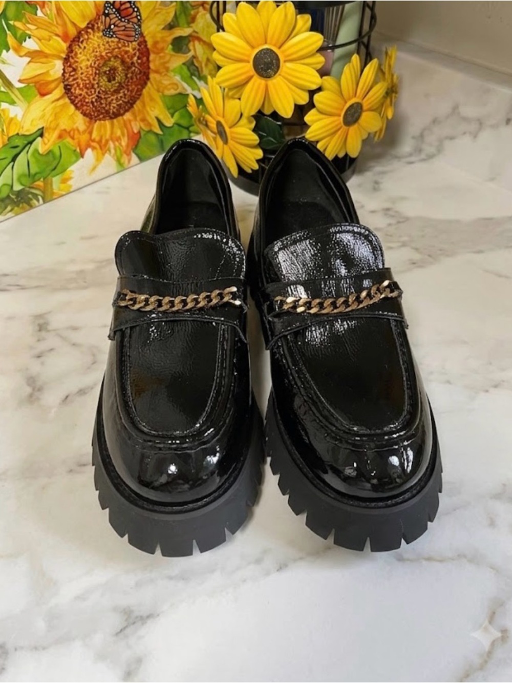 Black Patent Chunky Chain Loafers size 8